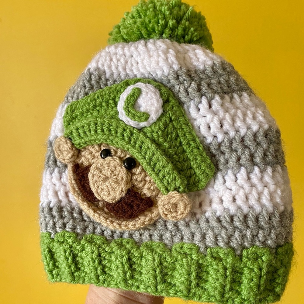 Handmade Luigi unique knit beanie hat white grey stripes & green pompom